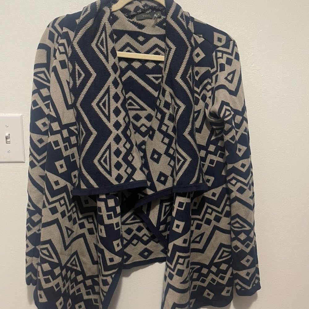 THML Navy and Cream Printed Cardigan Size Medium